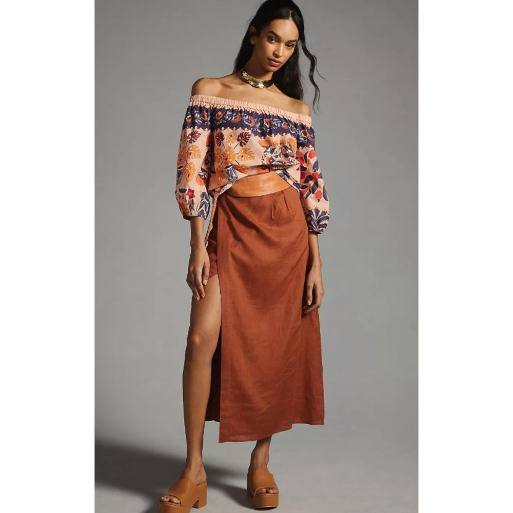 Farm Rio x Anthropologie Off-The-Shoulder Printed Poplin Top Pink Peasant Boho M